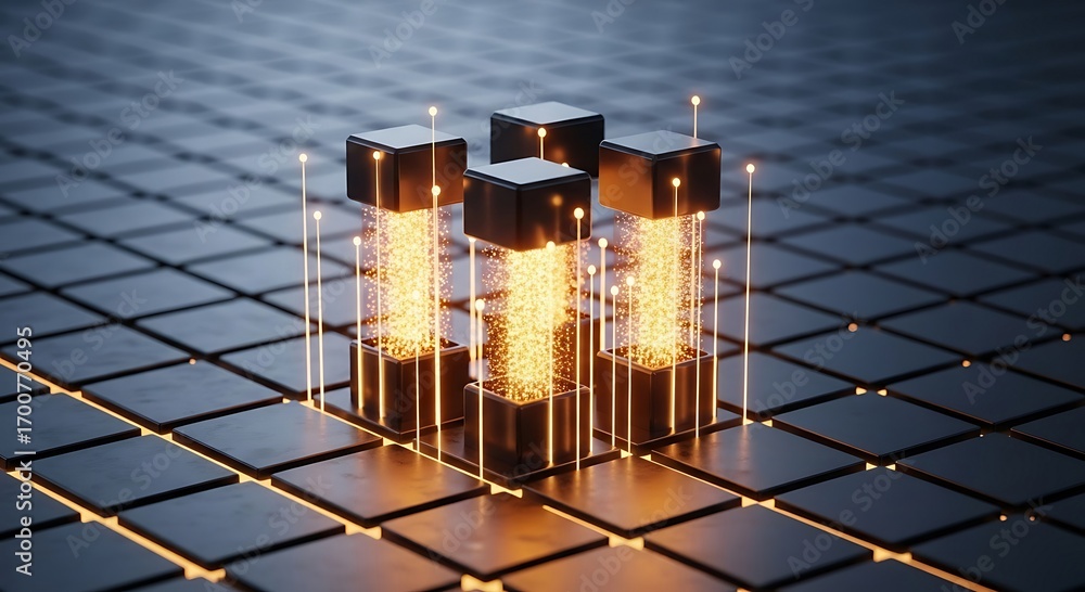 Poster abstract data transfer: glowing cubes connected by light beams on a grid.