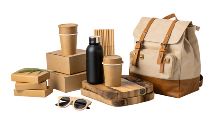 Eco friendly sustainable products including reusable coffee cup water bottle backpack and soap isolated on transparent background