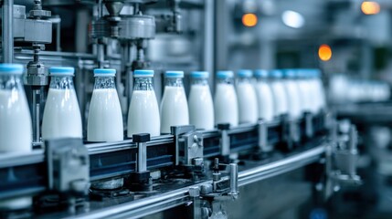 Premium photo of automated dairy production: milk bottling process in factory.
