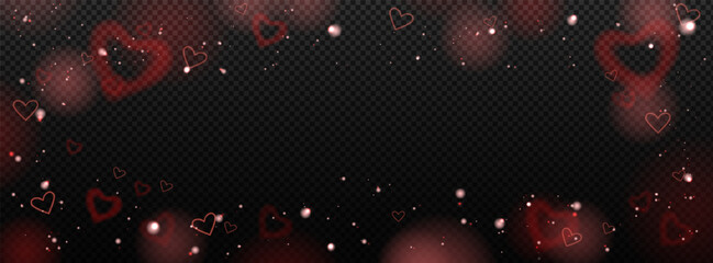 Abstract love background with gradient hearts, sparkles, flare light and shiny confetti on dark wallpaper. Stock vector illustration in romantic style.