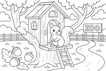 Fototapeta premium hand drawn vector doodle illustration of Squirrel House coloring page for kids line art