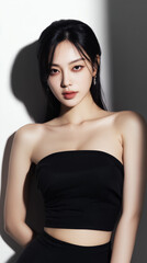 Fototapeta premium Confident young Korean woman posing in stylish black outfit with dramatic lighting in a modern setting