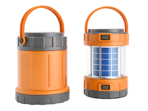 Two portable camping lanterns one with a solar panel and the other closed isolated on transparent background - Powered by Adobe