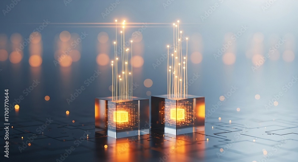 Poster futuristic data transfer: abstract network connection concept with illuminated cubes and fiber optic