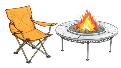 Orange camping chair next to a round metal fire pit with bright flames isolated on transparent background