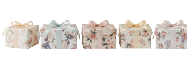 Wrapped with Elegance: Artfully arranged presents, adorned with delicate floral designs and tied with elegant satin ribbons, convey feelings of appreciation and special occasions.