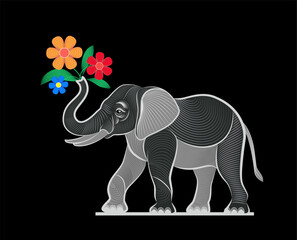 Cute elephant with a bouquet of flowers in its trunk - vector illustration