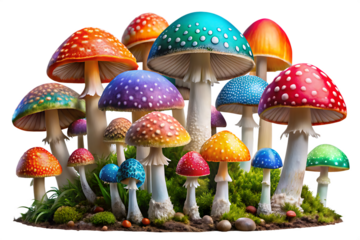 Colorful mushrooms forest isolated on a transparent background