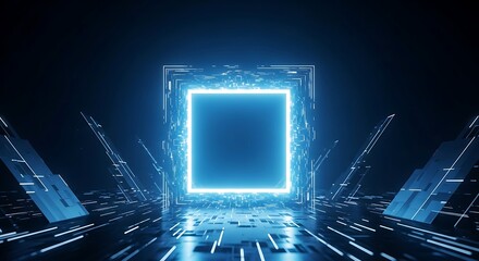 Abstract Digital Technology Quantum Computing Futuristic Square Neon Light Glowing Energy Circuit Board Lines Sci Fi Background