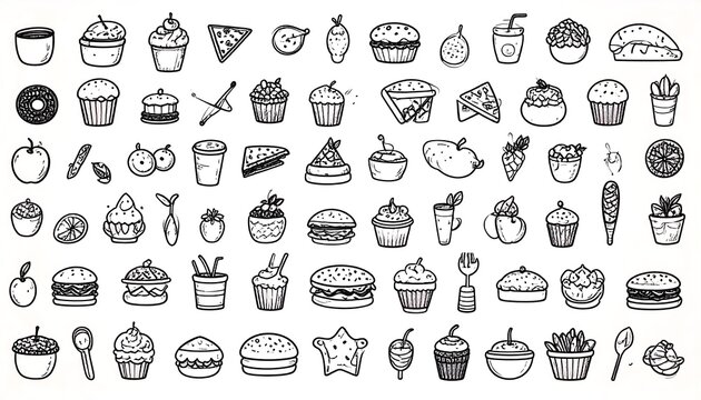 A large collection of black and white hand-drawn food illustrations, showcasing diverse culinary delights from pastries and fruits to sandwiches and burgers. - Powered by Adobe