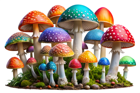 Colorful mushrooms forest isolated on a transparent background