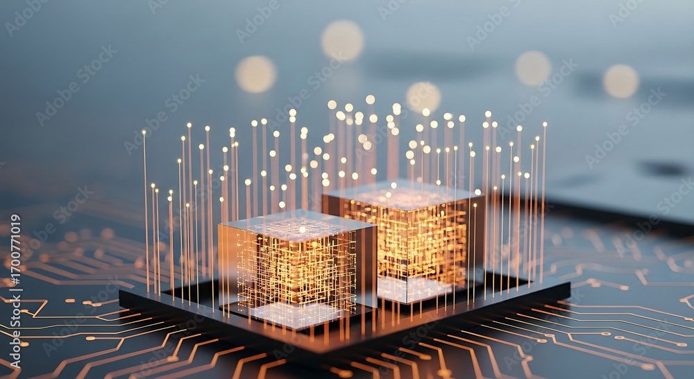 Poster futuristic data cubes connected by illuminated fibers on a circuit board - abstract technology stock