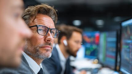 business trader team doing stock market analysis inside hedge fund office focus on senior man face no logos no brands ar 169