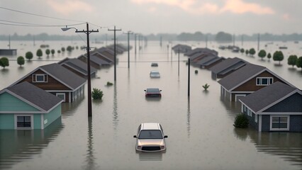 Flooded residential neighborhood with submerged houses and cars during natural disaster and heavy rainfall 

