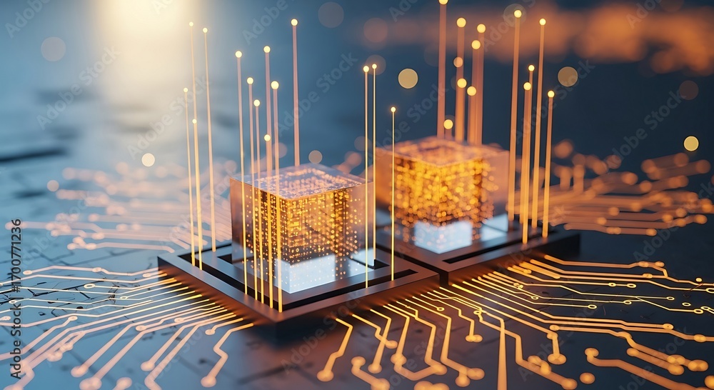 Poster futuristic data cubes connected on circuit board: abstract technology concept.