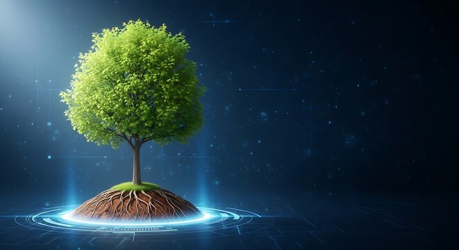 Green Tree Growing on Digital Island with Futuristic Technology Elements