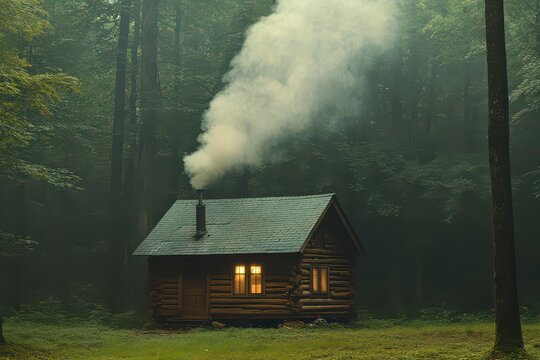Small cabin with smoke coming out of the chimney - Powered by Adobe