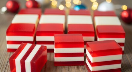 Red and White Gelatin Squares on Wood with Festive Lights and Ornaments