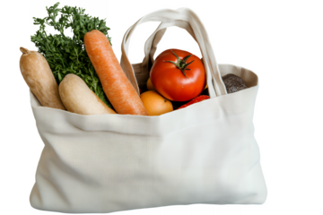 Reusable canvas shopping bag filled with fresh produce kale carrots squash tomato avocado and citrus