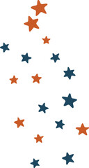 A composition of scattered stars in orange, dark blue and white on a transparent background.