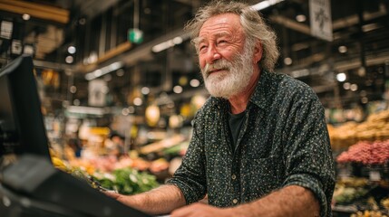 Senior grocer taking inventory in the produce aisle of a supermarket during the daytime, wearing a black apron and glasses, holding pen