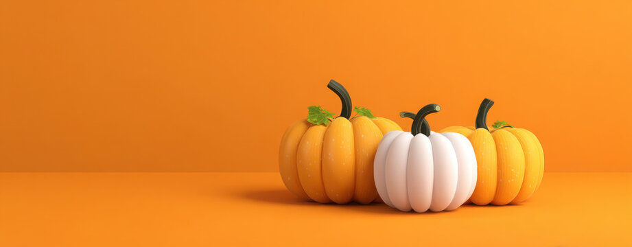 Three stylized pumpkins, two orange and one white, arranged on a vibrant orange background, evoking autumn and holiday themes.