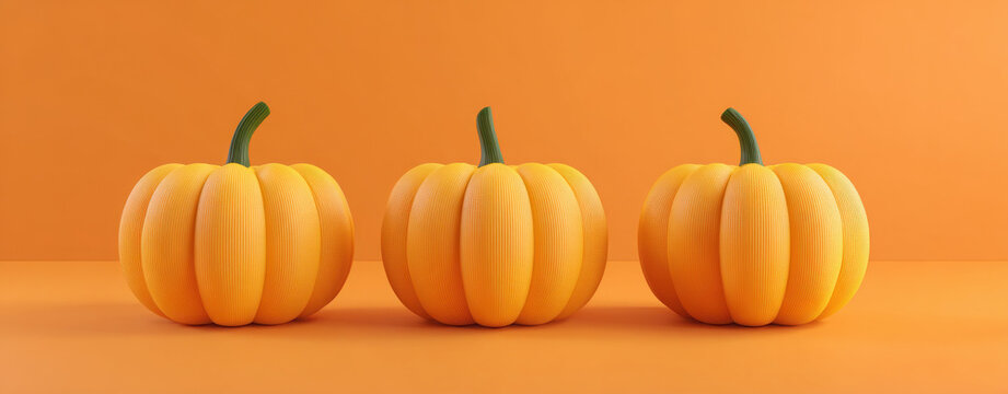 Three minimalist orange pumpkins with green stems arranged in a row against a matching orange background, depicting a clean autumn or Halloween theme.