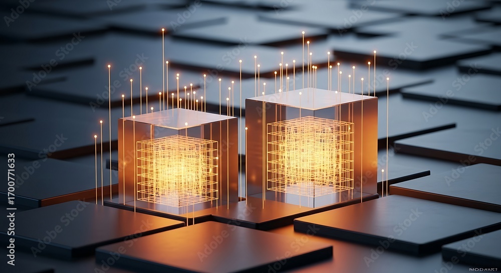 Poster futuristic data cubes: abstract network connection concept. illuminated 3d render of digital technol