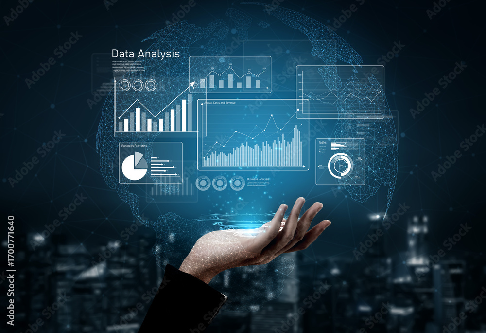 Poster business data analysis dashboard showing charts, statistics, and performance metrics for decision-ma