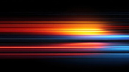 bright light streaks in red orange and blue on black background with glowing horizontal lines in motion blur effect
