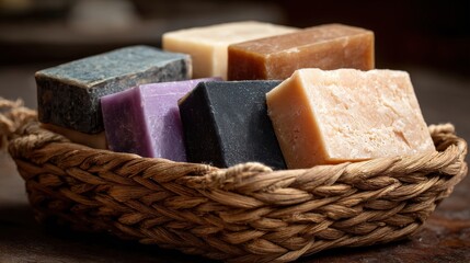 Premium photo of basket natural handmade soaps, emphasizing organic and artisanal skincare products.