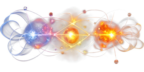 Three vibrant glowing energy spheres with swirling light streams and orbiting particles on a dark background