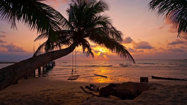 Ocean Sunrise, sunset view of Palm tree and tropical island beach, seamless loop footage. Never ending 4k video