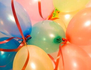 Colorful balloons with red ribbons