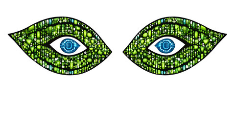 Two Abstract Green Eyes Formed From Digital Elements With Vibrant Blue Tech Patterned Pupils On A Solid Transparent Background