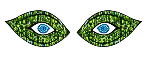 Two Abstract Green Eyes Formed From Digital Elements With Vibrant Blue Tech Patterned Pupils On A Solid Transparent Background