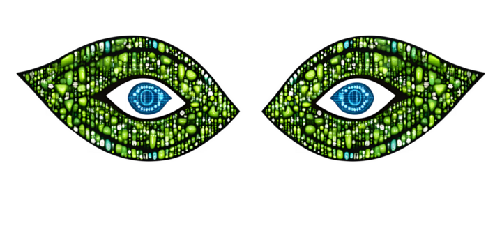 Two Abstract Green Eyes Formed From Digital Elements With Vibrant Blue Tech Patterned Pupils On A Solid Transparent Background - Powered by Adobe