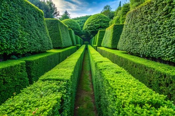 Naklejka premium A beautifully manicured garden with tall, geometric hedges forming a symmetrical pathway.