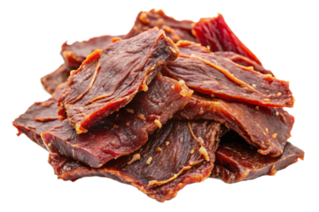 Dried meat strips pile isolated on a transparent background