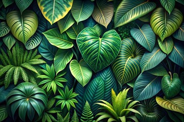 Fototapeta premium A vibrant and lush close-up of various green leaves, showcasing intricate textures and patterns.