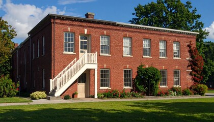 A charming, historic brick building stands prominently, showcasing its red brick facade and well-maintained appearance under a clear blue sky.