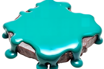 Rich dark brownie square topped with vibrant teal glaze Glossy thick icing drips down the sides forming shiny droplets
