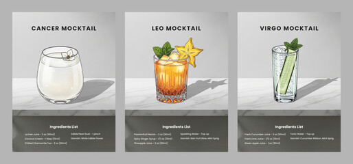 Modern Zodiac Mocktail Poster Set with Recipes - Cancer, Leo, and Virgo