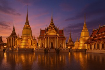 Fototapeta premium The magnificent golden spires and ornate architecture of Wat Phra Kaeo at the Grand Palace in Bangkok, Thailand, glowing warmly against a dramatic sunset sky.