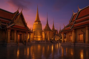 The magnificent golden spires and ornate architecture of Wat Phra Kaeo at the Grand Palace in Bangkok, Thailand, glowing warmly against a dramatic sunset sky.