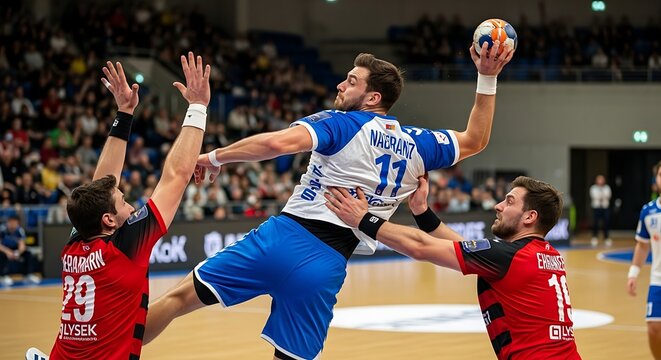 Dynamic handball match action showcasing athleticism and teamwork under the bright stadium lights