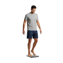 Man checking weight on digital bathroom scale for fitness tracking weight loss and healthy lifestyle on transparent background