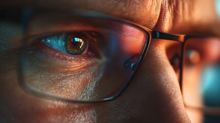 close up view of focused businessman wears computer glasses for reducing eye strain blurred vision looking at pc screen with computer reflection using internet reading watching working online late no