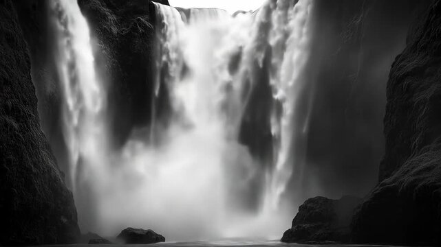 Monochrome waterfall flowing into a dark pool surrounded by rocks