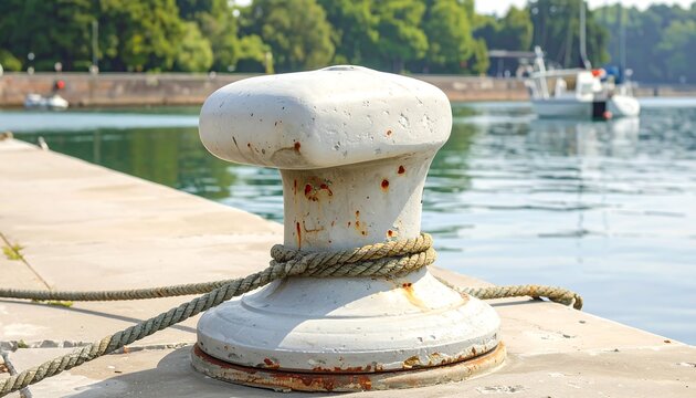 Close-up of a weathered, light gray mooring bollard on a dock, with tied mooring lines and calm water in the background. - Powered by Adobe